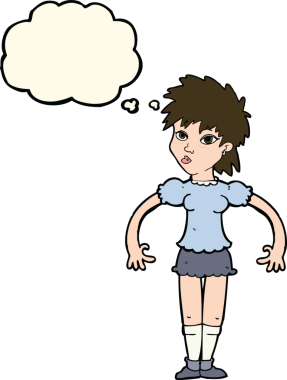 Bir insan tarafından çizilmiş düşünce baloncuğu olan meraklı bir kadın.