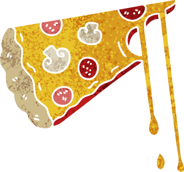 Retro illüstrasyon tarzı tuhaf çizgi film peynirli pizza bir insan tarafından çizildi.