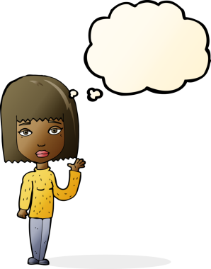 Bir insan tarafından çizilmiş düşünce baloncuğuyla el sallayan çizgi film kadını.