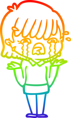 Gökkuşağı gradyan çizimi bir insan tarafından çizilmiş ağlayan bir çizgi kız çizimi