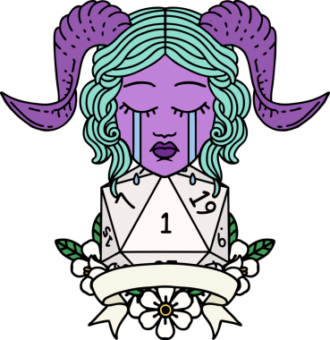 Retro Dövme Tarzı Ağlama Yüzü Doğal 1 D20 Dice ile Bir insan tarafından çizilmiş