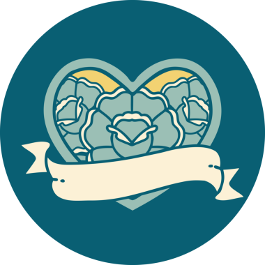 İkonik dövme stili bir kalp ve bir insan tarafından çizilmiş çiçekli pankart.