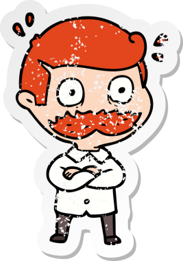 Bir insan tarafından çizilmiş bıyıklı bir çizgi film karakterinin sıkıntılı çıkartması.