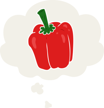 Düşünce baloncuğu olan karikatür biberi insan tarafından çizilmiş.