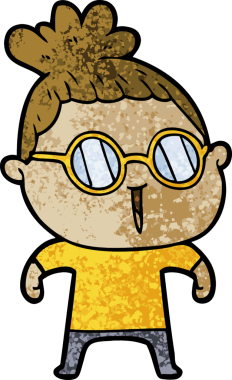 Bir insan tarafından çizilmiş gözlüklü bir karikatür kadın.