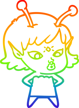 Gökkuşağı gradyan çizgisi bir insan tarafından çizilmiş güzel bir uzaylı kızın çizimi.