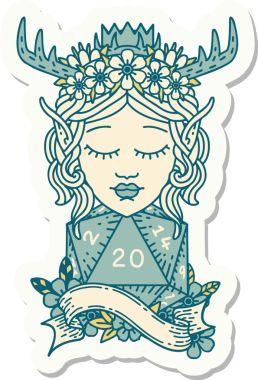 Bir insan tarafından çizilmiş 20 zarlı elf Druid karakterinin çıkartması.