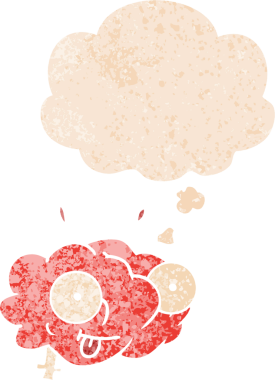 Düşünce baloncuklu komik bir çizgi film beyni bir insan tarafından çizilmiş dertli retro dokuma tarzı