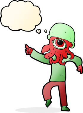 Bir insan tarafından çizilmiş düşünce baloncuğuyla dans eden uzaylı adam.