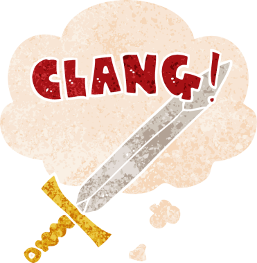 Düşünce baloncuklu çizgi film clanging kılıç grunge sıkıntılı retro dokuma tarzı bir insan tarafından çizilmiş