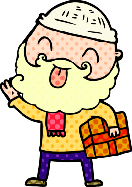 Sakallı bir adam bir insan tarafından çizilmiş Noel hediyesini taşıyor.