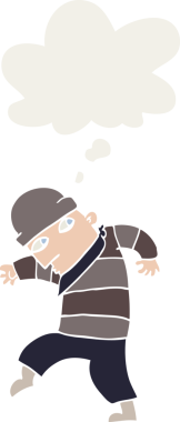 Düşünce baloncuğu olan bir insan tarafından çizilmiş sinsi çizgi film hırsızı.