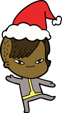 Hipster saç kesimi olan, Noel Baba şapkası takan bir kızın çizdiği el çizimi.