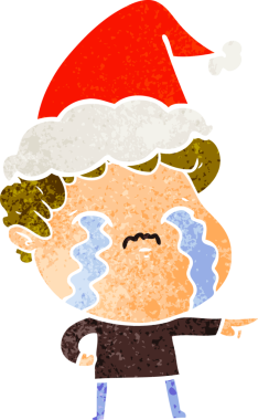 Bir insanın çizdiği Noel Baba şapkasıyla ağlayan bir adamın el çizimi karikatürü.