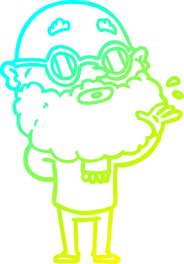 Bir insan tarafından çizilmiş sakallı ve güneş gözlüklü tuhaf bir çizgi film karakteri.