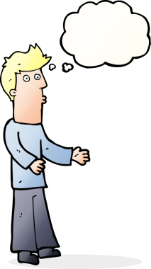 Bir insan tarafından çizilen düşünce baloncuğuyla açıklama yapan çizgi film adamı.