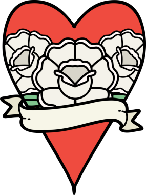 Geleneksel kalp şeklinde dövme ve bir insan tarafından çizilmiş çiçekli pankart.