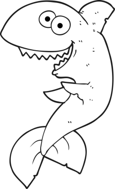 Bir insan tarafından çizilmiş siyah beyaz karikatür köpekbalığı.