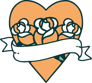 İkonik dövme stili bir kalp ve bir insan tarafından çizilmiş çiçekli pankart.