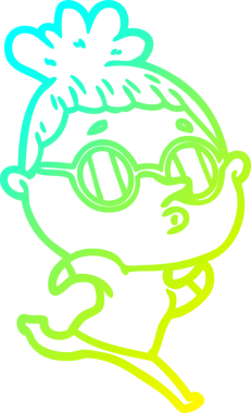 Bir insan tarafından çizilmiş gözlük takan çizgi film kadını çizimi.