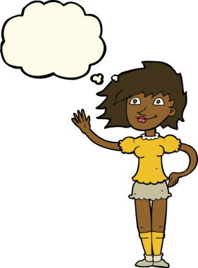 Bir insan tarafından çizilmiş düşünce baloncuğuyla el sallayan çizgi film kadını.