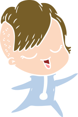 Mutlu düz renkli çizgi film kızı bir insan tarafından çizilmiş.