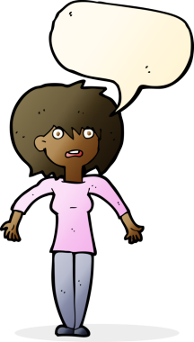 Bir insan tarafından çizilmiş konuşma baloncuğuyla omuz silken çizgi film kadını.