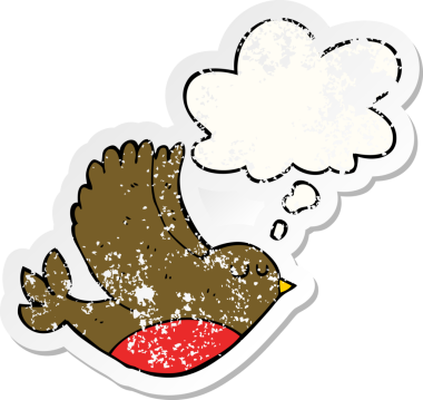 Düşünce baloncuklu uçan kuş, insan tarafından çizilmiş yıpranmış bir çıkartma.