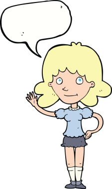 Bir insan tarafından çizilmiş bir konuşma balonuyla el sallayan çizgi film kadını.