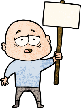 Bir insan tarafından çizilmiş yorgun, kel bir adam.