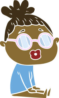 Bir insan tarafından çizilmiş gözlüklü düz renkli bir çizgi film karakteri.