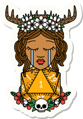 Ağlayan insan bir Druid 'in çıkartması. Bir insan tarafından çizilmiş doğal bir D20 rulosu.