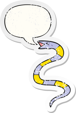 Konuşma balonlu tıslayan çizgi film yılanı bir insan tarafından çizilmiş sıkıntılı eski bir çıkartma.