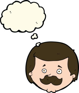 Bir insan tarafından çizilmiş düşünce baloncuklu bıyıklı çizgi film adamı.