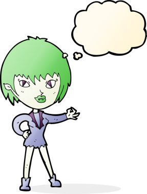 Bir insan tarafından çizilmiş düşünce balonlu vampir kız.