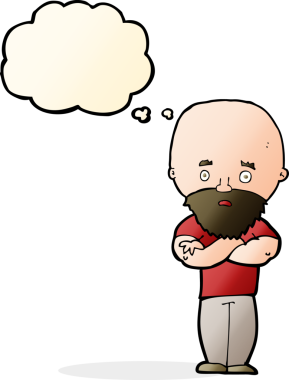 Karikatür, sakallı kel adamı şok etti. Düşünce baloncuğu insan tarafından çizildi.