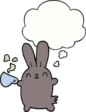 Bir insan tarafından çizilmiş düşünce baloncuklu kahve fincanı olan sevimli çizgi film tavşanı.