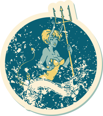 İkonik sıkıntılı dövme stili. Üzerinde insan dövmesi olan bir kız resmi.