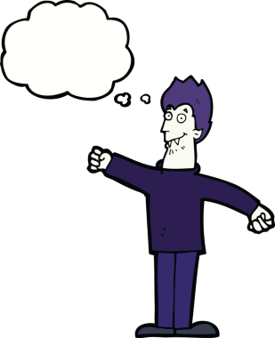 Bir insan tarafından çizilmiş düşünce balonlu mutlu vampir çizgi filmi.