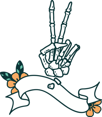 İskelet dövmeli geleneksel dövme. Bir insan tarafından çizilmiş barış işareti.