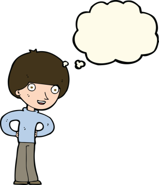 Bir insan tarafından çizilmiş düşünce baloncuğu olan kalçaları olan mutlu çocuk çizgi filmi.