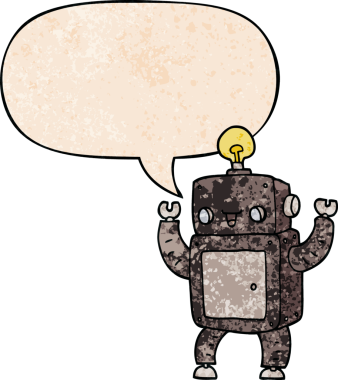 bir insan tarafından çizilmiş eski moda konuşma baloncuklu çizgi film mutlu robotu.