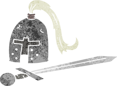 Ortaçağ miğferi ve kılıcı bir insan tarafından çizilmiş.