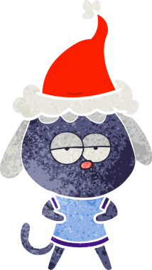 Bir insan tarafından çizilmiş Noel Baba şapkası giymiş sıkılmış bir köpeğin el çizimi karikatürü.