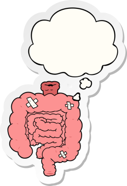 Karikatür, insan tarafından çizilmiş bir çıkartma gibi düşünce baloncuğu ile bağırsakları onardı.