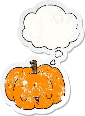 Düşünce baloncuğu olan karikatür balkabağı insan tarafından çizilmiş yıpranmış bir çıkartma.