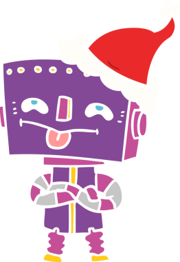 Bir insan tarafından çizilmiş Noel Baba şapkası takan bir robotun düz renkli çizimi