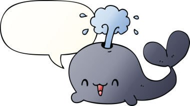 Bir insan tarafından çizilmiş, konuşma baloncuklu çizgi film balinası.