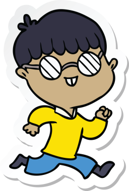 Bir insan tarafından çizilmiş gözlüklü bir çizgi film çocuğunun çıkartması.