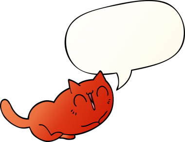 Mutlu çizgi film kedisi konuşma baloncuğu ile bir insan tarafından çizilmiş düzgün eğimli stil